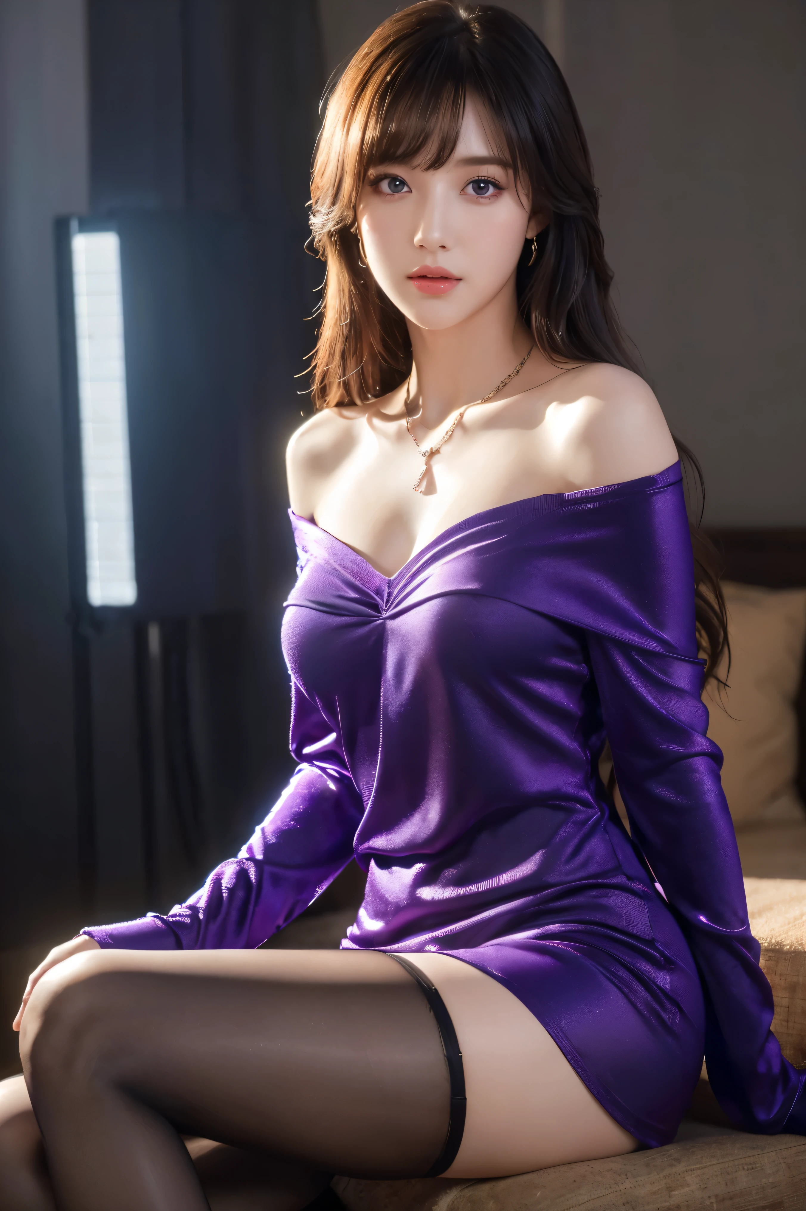 off shoulder dress, 1 girl, long hair, bangs, purple eyes, necklace, stockings, photorealistic, masterpiece, (best quality,4k,8k,highres,ultra-detailed,realistic:1.37), hdr, studio lighting, physically-based rendering, vibrant colors, dramatic lighting