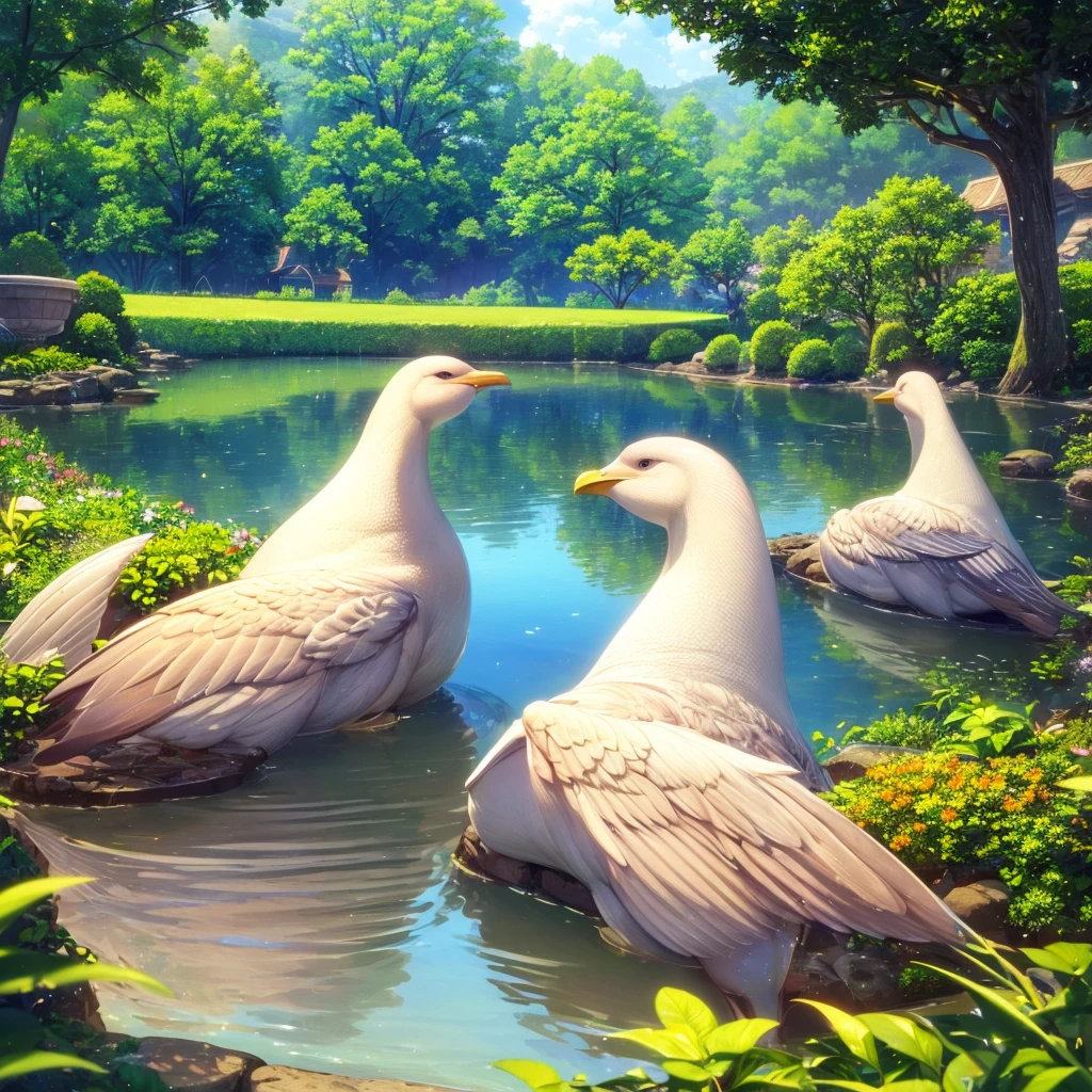 A detailed, high-quality, serene pond scene with a green turtle and two white hens standing in the calm water, (best quality,8k,highres,masterpiece:1.2),ultra-detailed,realistic,photorealistic,photo-realistic:1.37),HDR,UHD,studio lighting,ultra-fine painting,sharp focus,physically-based rendering,extreme detail description,professional,vivid colors,bokeh,nature,landscape,hyper-realistic,lush greenery,tranquil water,reflective surface,detailed reptile,detailed birds,natural lighting,atmospheric