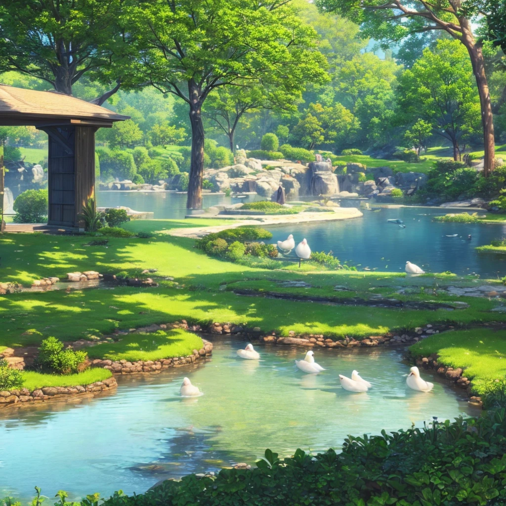 A detailed, high-quality, serene pond scene with a green turtle and two white hens standing in the calm water, (best quality,8k,highres,masterpiece:1.2),ultra-detailed,realistic,photorealistic,photo-realistic:1.37),HDR,UHD,studio lighting,ultra-fine painting,sharp focus,physically-based rendering,extreme detail description,professional,vivid colors,bokeh,nature,landscape,hyper-realistic,lush greenery,tranquil water,reflective surface,detailed reptile,detailed birds,natural lighting,atmospheric