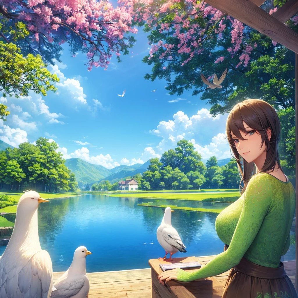 A detailed, high-quality, serene pond scene with a green turtle and two white hens standing in the calm water, (best quality,8k,highres,masterpiece:1.2),ultra-detailed,realistic,photorealistic,photo-realistic:1.37),HDR,UHD,studio lighting,ultra-fine painting,sharp focus,physically-based rendering,extreme detail description,professional,vivid colors,bokeh,nature,landscape,hyper-realistic,lush greenery,tranquil water,reflective surface,detailed reptile,detailed birds,natural lighting,atmospheric