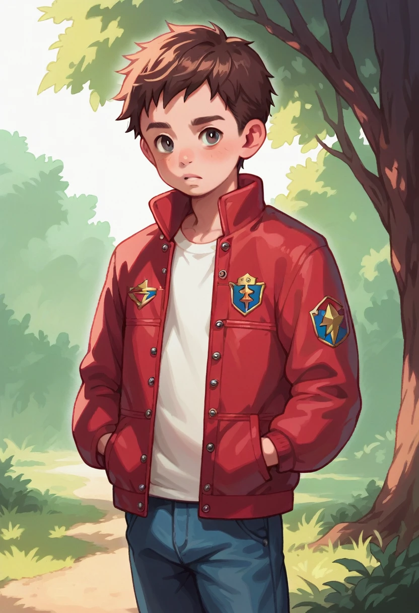 (((Masterpiece))), best quality, cowboy shot, perfect anatomy, (detailed face), outdoors, sunny, warm sunlight, (((realistic faces))), realistic anatomy, painterly)) 1boy, ((shota)), solo, red jacket, three quarter view