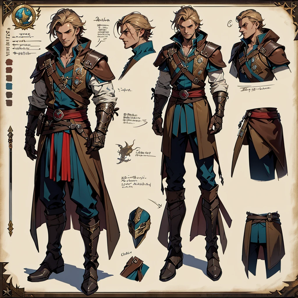 Close-up of a man in a Assasin's Creed costume, ((character concept art)), ((Character design sheet, same character, on front, from on the side, At the back)) Character image, Medieval game character design, Medieval game character design, hair color: Brown with gold parting, Age: Young, eyecolor: Brown, He wears gloves on his hands, Wears boots. During the use of certain abilities, A helmet is formed on the head of a dragon. He has a code name around his neck, expert high detail concept art, Concept art of a metal bullet, Fun character design. ConceptArt, belt buckle at the waist,Medieval style weapons,