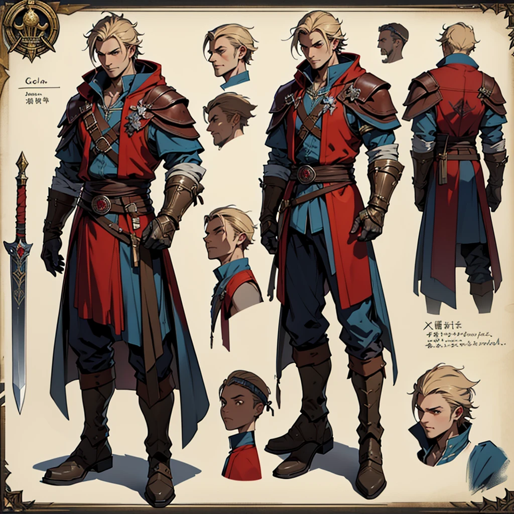 Close-up of a man in a Assasin's Creed costume, ((character concept art)), ((Character design sheet, same character, on front, from on the side, At the back)) Character image, Medieval game character design, Medieval game character design, hair color: Brown with gold parting, Age: Young, eyecolor: Brown, He wears gloves on his hands, Wears boots. During the use of certain abilities, A helmet is formed on the head of a dragon. He has a code name around his neck, expert high detail concept art, Concept art of a metal bullet, Fun character design. ConceptArt, belt buckle at the waist,Medieval style weapons,