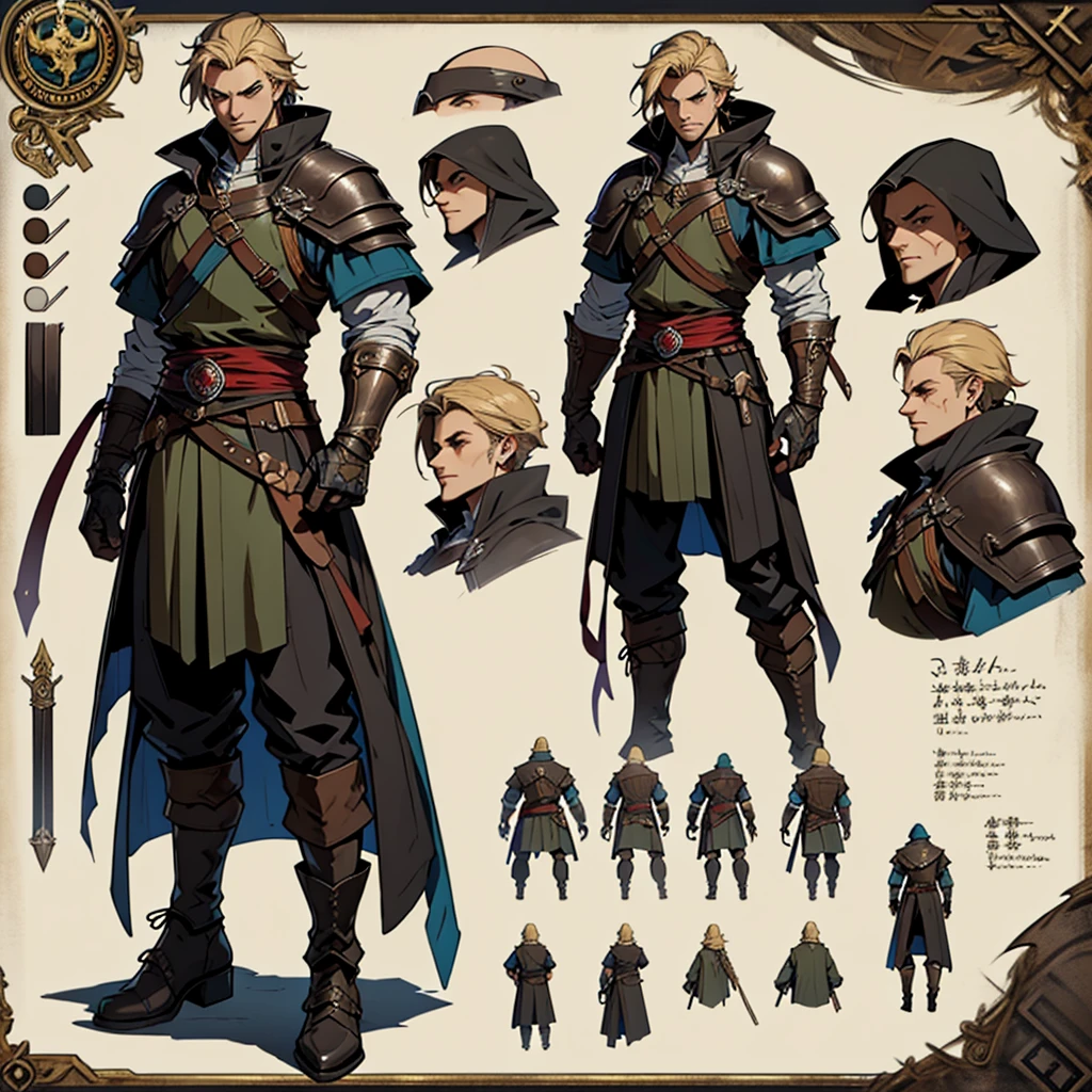 Close-up of a man in a Assasin's Creed costume, ((character concept art)), ((Character design sheet, same character, on front, from on the side, At the back)) Character image, Medieval game character design, Medieval game character design, hair color: Brown with gold parting, Age: Young, eyecolor: Brown, He wears gloves on his hands, Wears  boots. During the use of certain abilities, A helmet is formed on the head of a dragon. He has a code name around his neck, expert high detail concept art, Concept art of a metal bullet, Fun character design. ConceptArt, belt buckle at the waist,Medieval style weapons,