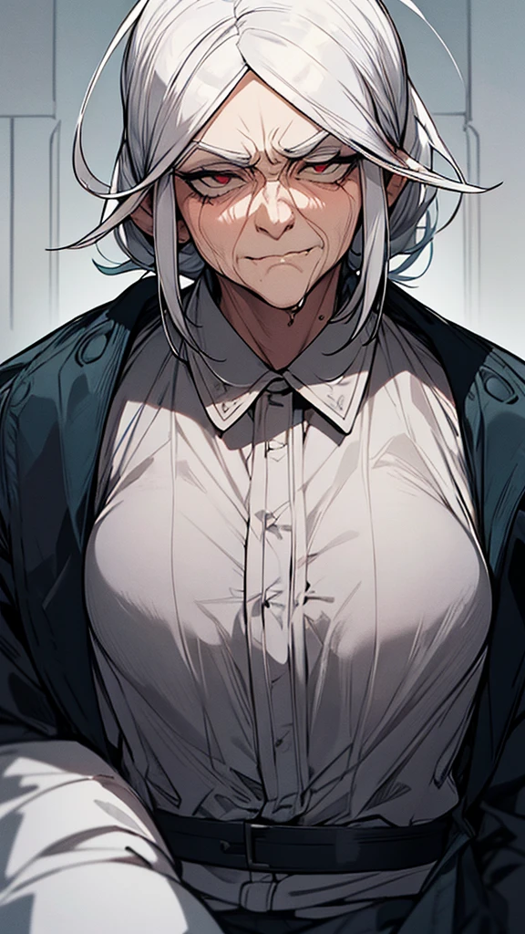 Old grandma, white hair, wrinkles, weak