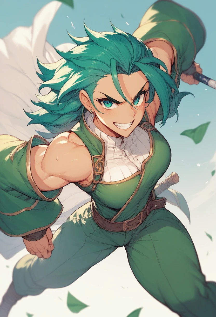 A character in the art style of the anime called "the apothecary diaries". She is a fighter, but wears traditional blue green clothes, her hair are black. (2d) (copy the anime art style)