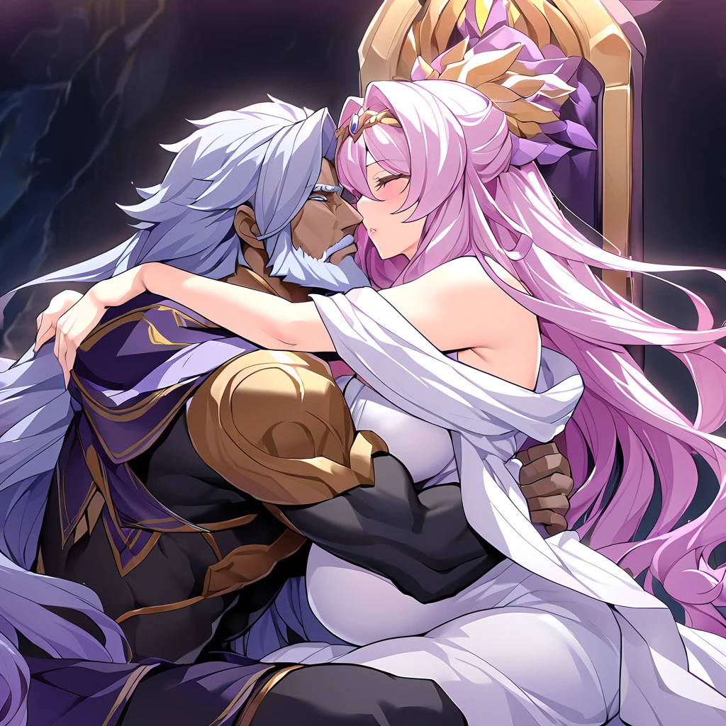 ((Highest quality)), ((masterpiece)), (detailed), (Perfect Face)、Women are divine in both mind and body, like the Greek goddess Hera.々Hera, the wife of Zeus, the king of the gods, is a goddess and queen of the gods. She happily embraces a man, kisses him deeply, and they embrace in love.、The woman is the goddess Hera, the queen of the one and only god Zeus. She has medium-long hair, wears a gorgeous ancient Greek Doric chiton, an engagement ring, and gorgeous accessories. She is an elegant, graceful, and beautiful goddess, Hera, and the wife of Zeus.、A woman is seen embracing, kissing and cuddling with the majestic, bearded, elderly man of the ancient Greek god Zeus, wearing a Doric chiton, on a magnificent throne in a temple.、A man wearing an ancient Greek Doric chiton, the dignified bearded old god Zeus, is embracing a woman, kissing her, caressing her and fondling her.、the woman is pregnant