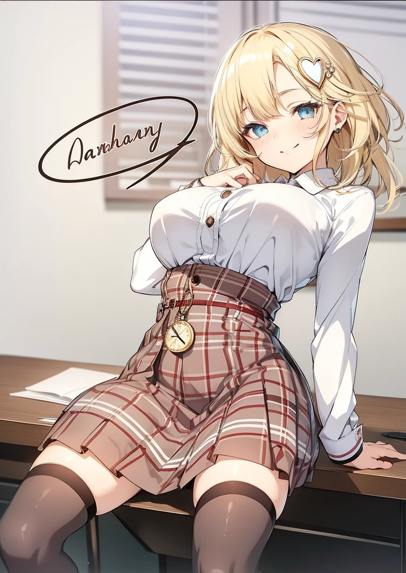 1girl, bangs, black thighhighs, blonde hair, blue eyes, blush, bob cut, breasts, brown skirt, collared shirt, desk, english text, hair ornament, heart, high-waist skirt, indoors, large breasts, long sleeves, looking at viewer, medium hair, monocle hair ornament, naughty face, on desk, plaid, plaid skirt, pocket watch, shirt, shirt tucked in, sitting, sitting on desk, skindentation, skirt, smile, smug, solo, thighhighs, thighs, virtual youtuber, watch, watson amelia, white shirt, zettai ryouiki