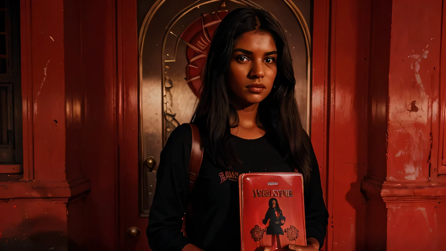 Beautiful young Indian , perfect face, straight dark hair, holding her brown backpack with a scary satanic red book inside, and a red devil behind her, (super-realistic image), (horror movie atmosphere), (poster), (dark color palette)