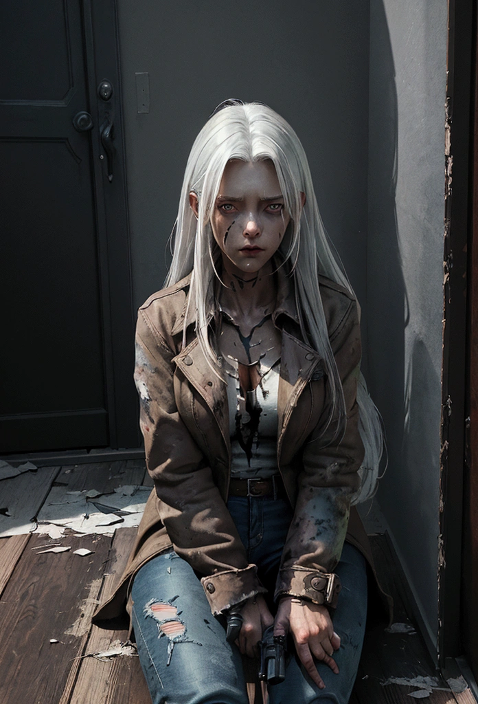 (suspense scene ((CONCEPT ART)), extremely detailed with a girl wearing jeans with brown coat and boots), (better lighting, better shadow, an extremely delicate and scary), (digital illustration), ((4k painting)), [(dynamic angle,((1girl)),white hair, (beautiful face, perfect face, scared,) expression of fear, torn clothes, a gun in hand, sitting on the floor, darkness, scary house),  [:(dark, mysterious, game paint, sinister setting, jagged corridors, big house, deadly silence):]