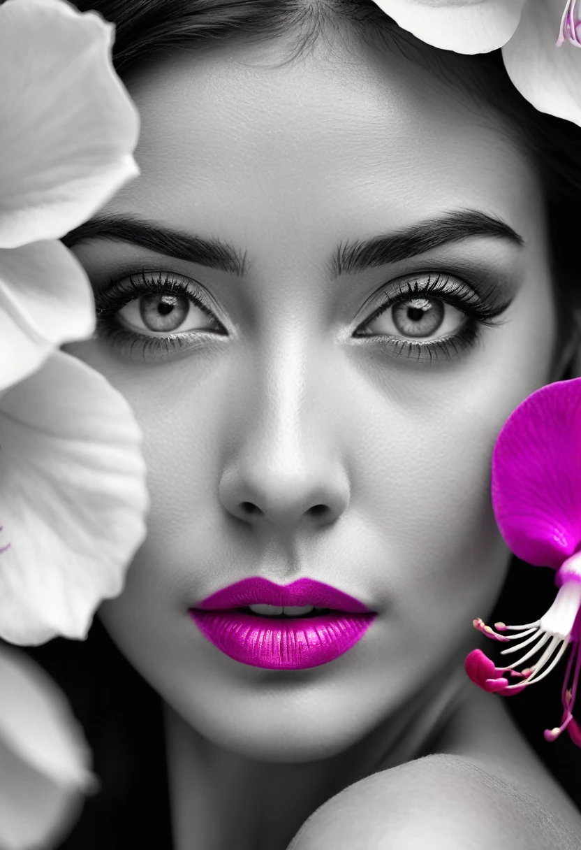 A black and white photo in raw format, zooming in on the intricate details of a woman's face, revealing her expressive eyes. Frame the shot with a solitary striking Fuchsia flower, adding a touch of softness and femininity to the composition, enhancing the dramatic contrast and textures of the monochrome image, ultra clear