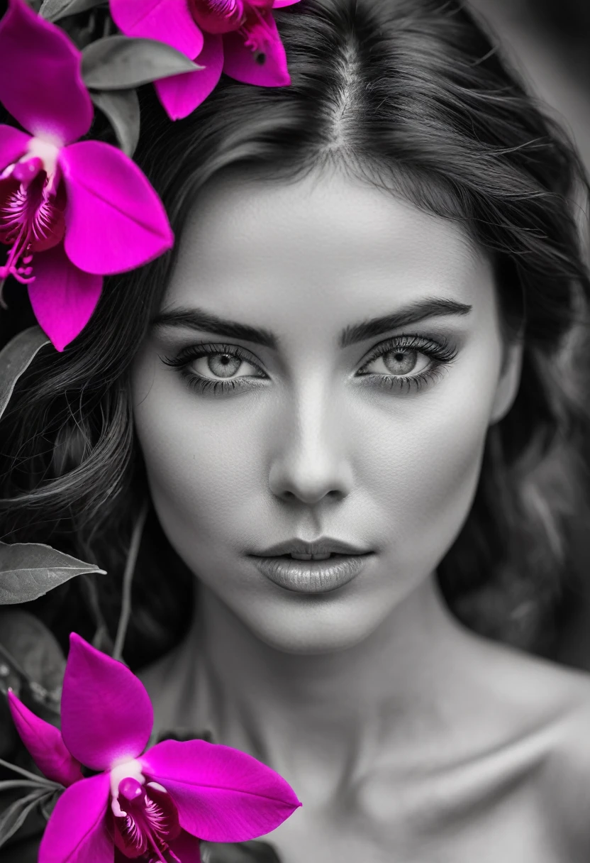 A black and white photo in raw format, zooming in on the intricate details of a woman's face, revealing her expressive eyes. Frame the shot with a solitary striking Fuchsia flower, adding a touch of softness and femininity to the composition, enhancing the dramatic contrast and textures of the monochrome image, ultra clear