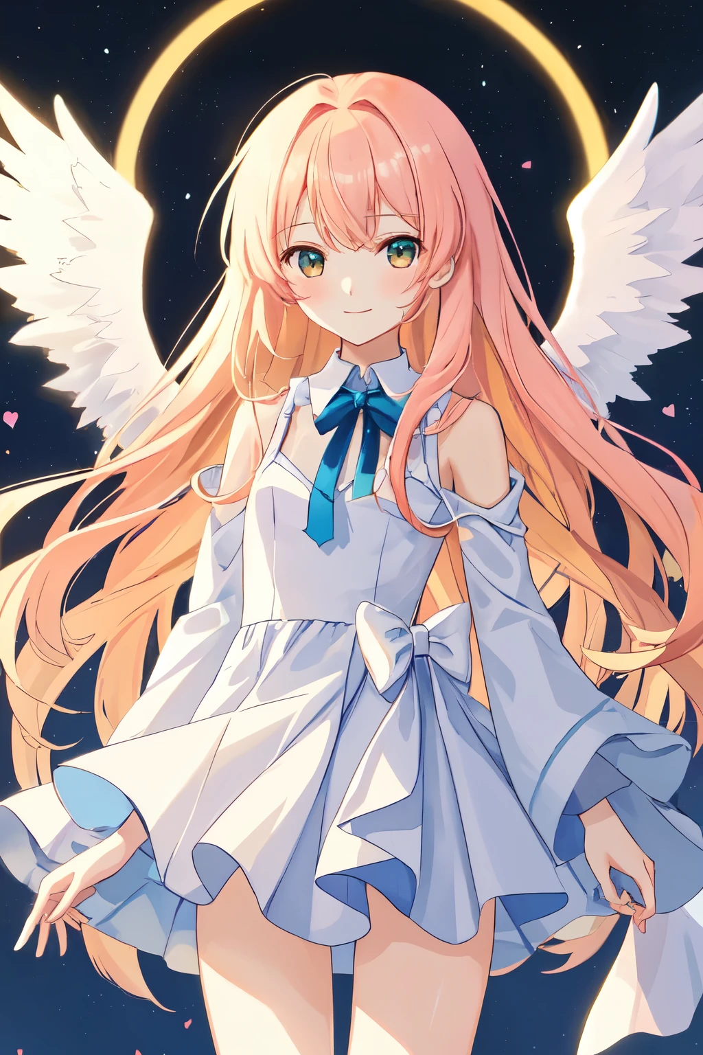 1_girl, (anime, kawai:2), (masterpeice, best_quality, clean:1.5), (sky_background:1.2), (cute, cute_smile, wholesome, young:1.8), (delicate, extremely_delicate, beautiful, thin:1.5), (girlfriend, angel:1.8), (green_eyes, simple_eyes:1.8) (long_hair, blond_hair, wearing_pink_dress, pink_angel_wings:1.5), (combat:1.2), extremely_delicate, (love_magic:1.5), (age_size_fits_body), (small_thighs:1.3), (breasts), (eye_level:1.3), (heart_magic, love:1.5), (folded_legs:1.5)