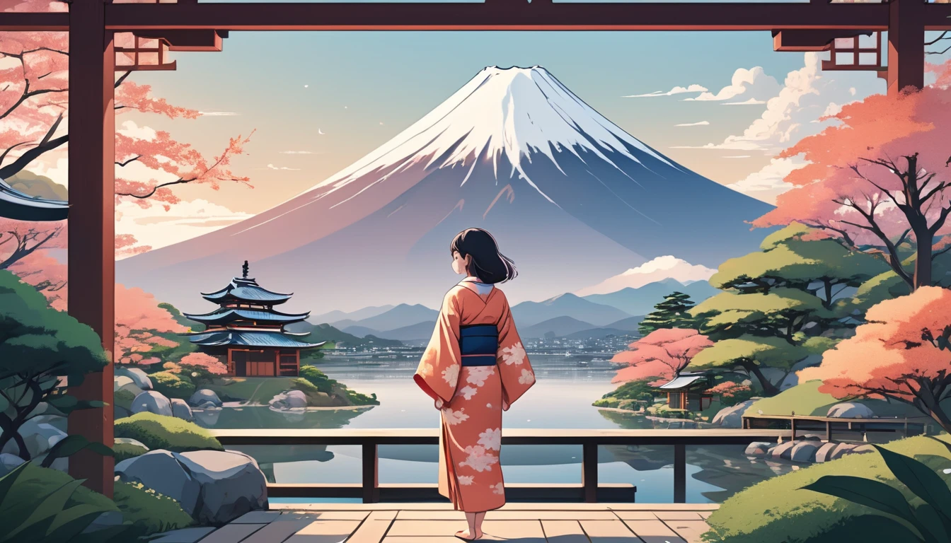 Woman in kimono,The background is a Japanese garden and Mt. Fuji、 Wide-angle lens, Lofi Anime, Lofi illustration, Aesthetic atmosphere, Lo-Fi Style, Vector art, Flat Design, Simple shape, Warm tones, Pleasant atmosphere, Chill, In anime style, Digital drawing, Vector art, Vector logo for t-shirt printing, (Adorable:1.5), (small:1.4), (Playful:1.2), (soft:1.3), (Whimsical:1.1), masterpiece, Highest quality, 8k, Intricate details, grow, Celestial, Mysterious, Picturesque, amazing, Majestic, Magic, Fantasy art, Cover art, dream-like