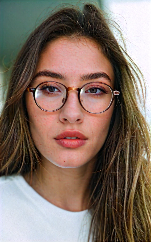 a beautiful 23-year-old woman, light brunette, close-up, girl next door, baggy clothes, makeup, lips, glasses, night, messy hair, film grain, retro, Porta 160 color, shot on ARRI ALEXA 65, sharp focus on subject, Fujifilm XT-3