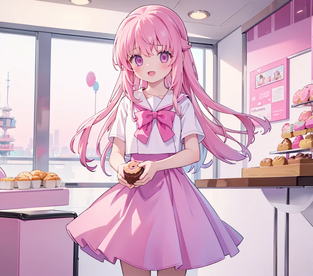 1girl,pink hair, pink eyes with love, detailed eyes, straight hair, straight bangs, shiny hair,
,red bowtie,purple skirt,purple shirt,pleated skirt,short sleeves,looking at the plate with donut, showing donuts, holding a plate wih donut, smile, laughter , open mouth, donut shop background, high-definition,masterpiece, masterpiece, best quality, high resolution, aabeta, double, standing, slim waist, cute, sailor uniform (PastelColors: 1.3)