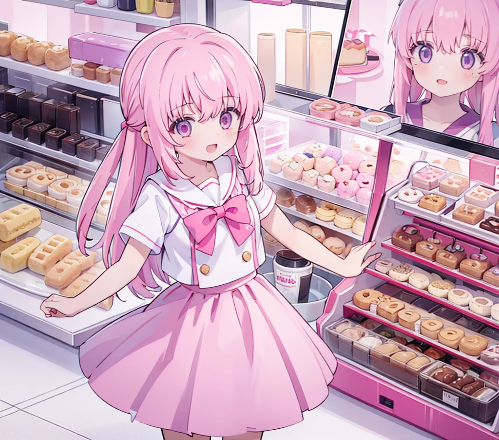 1girl,pink hair, pink eyes with love, detailed eyes, straight hair, straight bangs, shiny hair,
,red bowtie,purple skirt,purple shirt,pleated skirt,short sleeves,looking at the plate with donut, showing donuts, holding a plate wih donut, smile, laughter , open mouth, donut shop background, high-definition,masterpiece, masterpiece, best quality, high resolution, aabeta, double, standing, slim waist, cute, sailor uniform (PastelColors: 1.3)