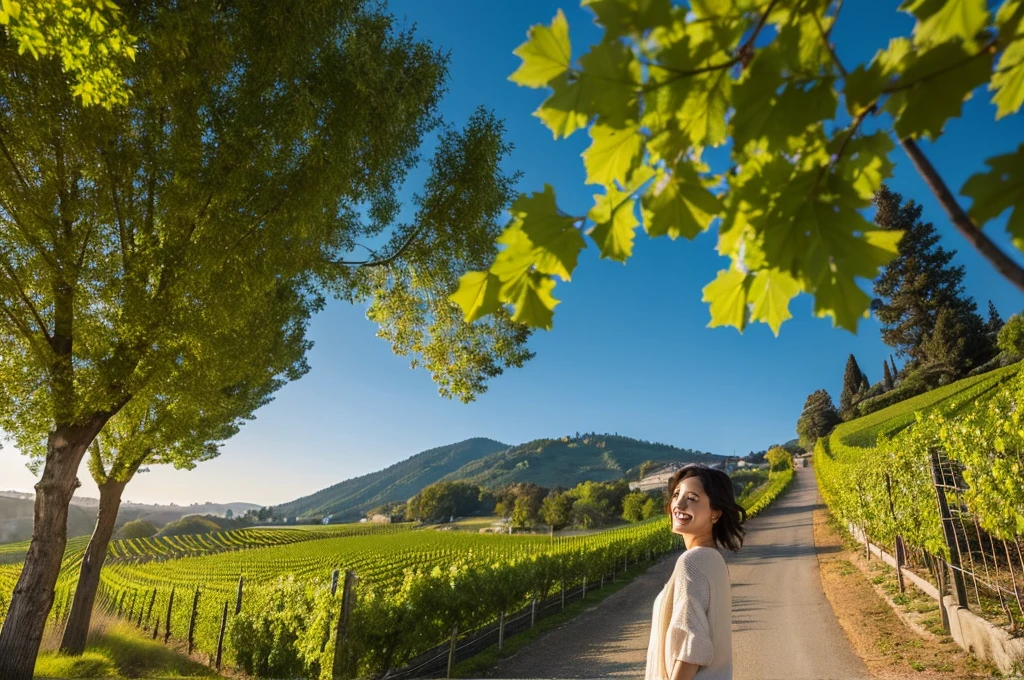 8k best picture quality, Beautiful 36-year-old Korean woman, Chest size 34 inches, northern italy countryside dawn, View of the cathedral next to the vineyards, The back background is realistic and vivid quality., short medium hair, A T-shirt that covers the chest and a short cardigan, Wear casual pants, Smile slightly. the background is clear, look up to the side. cottonwood tree-lined hill, Looking at a vineyard covered in thick fog from a curved path, Close-up with wide-angle lens, Dress modestly