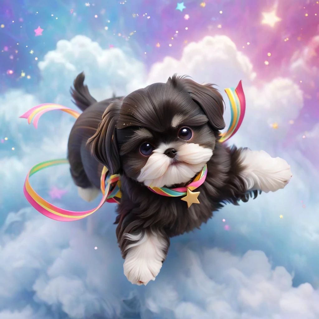 Ultra-small deformation,pop art, (from above), A black Shih Tzu puppy is curling up in the air, glowing cloud background, surrounded colorful ribbons and particles shaped star, falling through the air, lie on back spreading arms and legs wide, close up happily expression toward the viewer, smoke screen, speed line, Dynamic Motion Blur, Dynamic action scenes