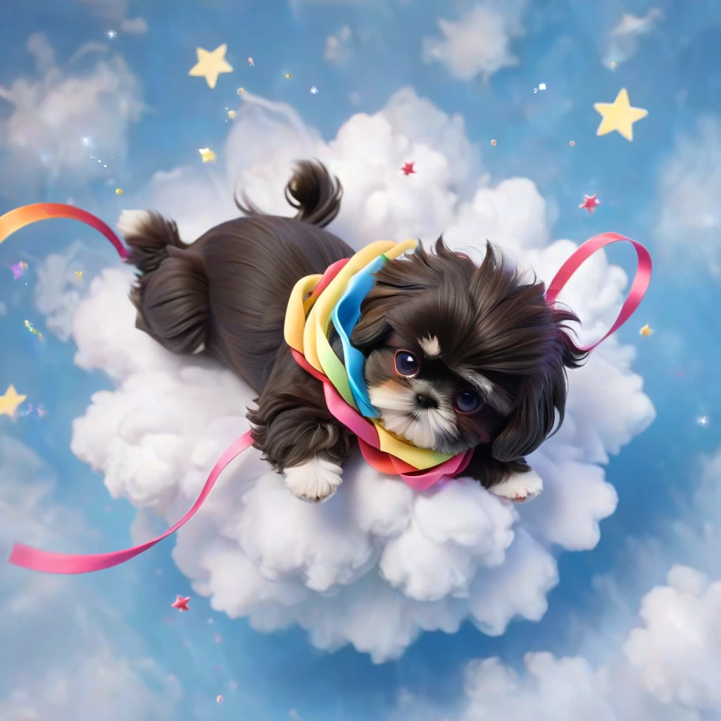 Ultra-small deformation,pop art, (from above), A black Shih Tzu puppy is curling up in the air, glowing cloud background, surrounded colorful ribbons and particles shaped star, falling through the air, lie on back spreading arms and legs wide, close up happily expression toward the viewer, smoke screen, speed line, Dynamic Motion Blur, Dynamic action scenes