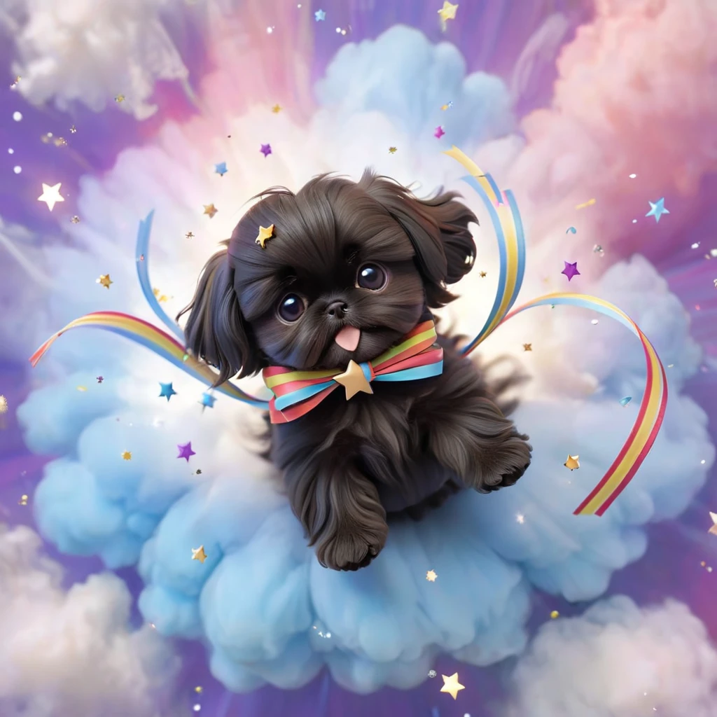 Ultra-small deformation,pop art, (from above), A black Shih Tzu puppy is curling up in the air, glowing cloud background, surrounded colorful ribbons and particles shaped star, falling through the air, lie on back spreading arms and legs wide, close up happily expression toward the viewer, smoke screen, speed line, Dynamic Motion Blur, Dynamic action scenes