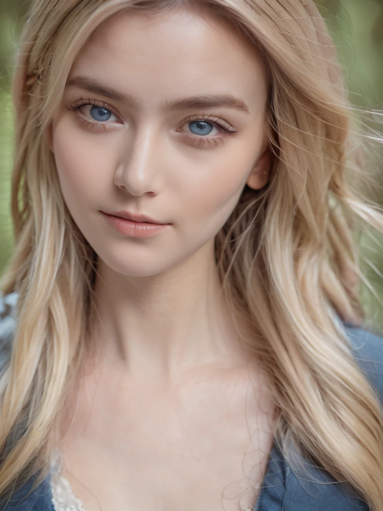 One Girl，(1人のとてもcute女の子:1.3)，masterpiece，Highest quality，High resolution，From below，Low - Angle，Photorealistic，RAW Photos，Ray Tracing，Physically Based Rendering，beautiful girl，(12 years old:1.3)，cute，Big Blue Eyes，(detailed pupils:1.2)，(The face is facing straight ahead:1.3)，Body facing forward，Beautiful nose，Upturned nose，Fuller lips，Platinum Blonde Hair，Detailed eyelashes，Thin eyebrows，Very fine grain definition，(Symmetrical eyes，Golden Ratio:1.3)，(Face close-up，Face Focus:1.0)，Small breasts，Short neck，Light blue dress，White apron，forest，Alice in Wonderland，Spring sunlight，Soft Light，Portrait，View Viewer，Upper Body，Cinema Lighting，High resolution，Very detailed