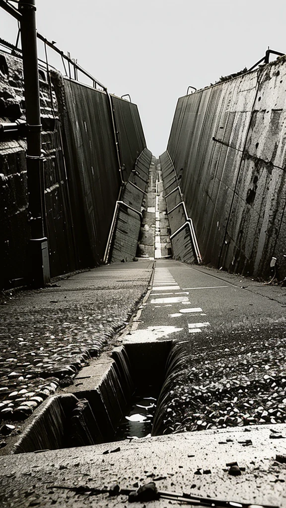 Wide angle of view, abandoned coal mine, scary