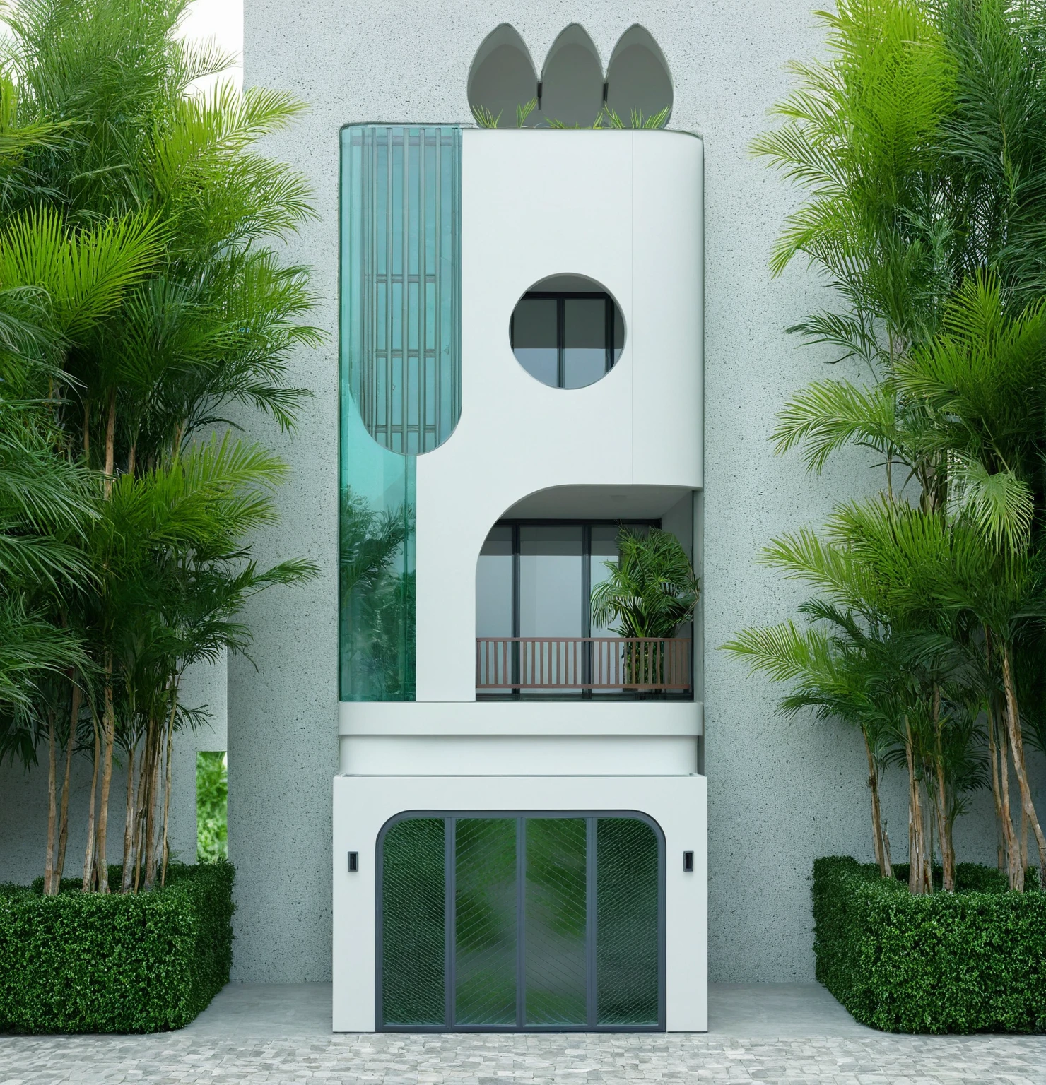 modern villa on the street, (daylight), curved walls, tropical plants, green shrubs, vivid colors, streetscape, minimalist design, light gray tones, (large glass doors :1.2), warm interior lighting, modern materials, best quality, extremely realistic, masterpiece,
