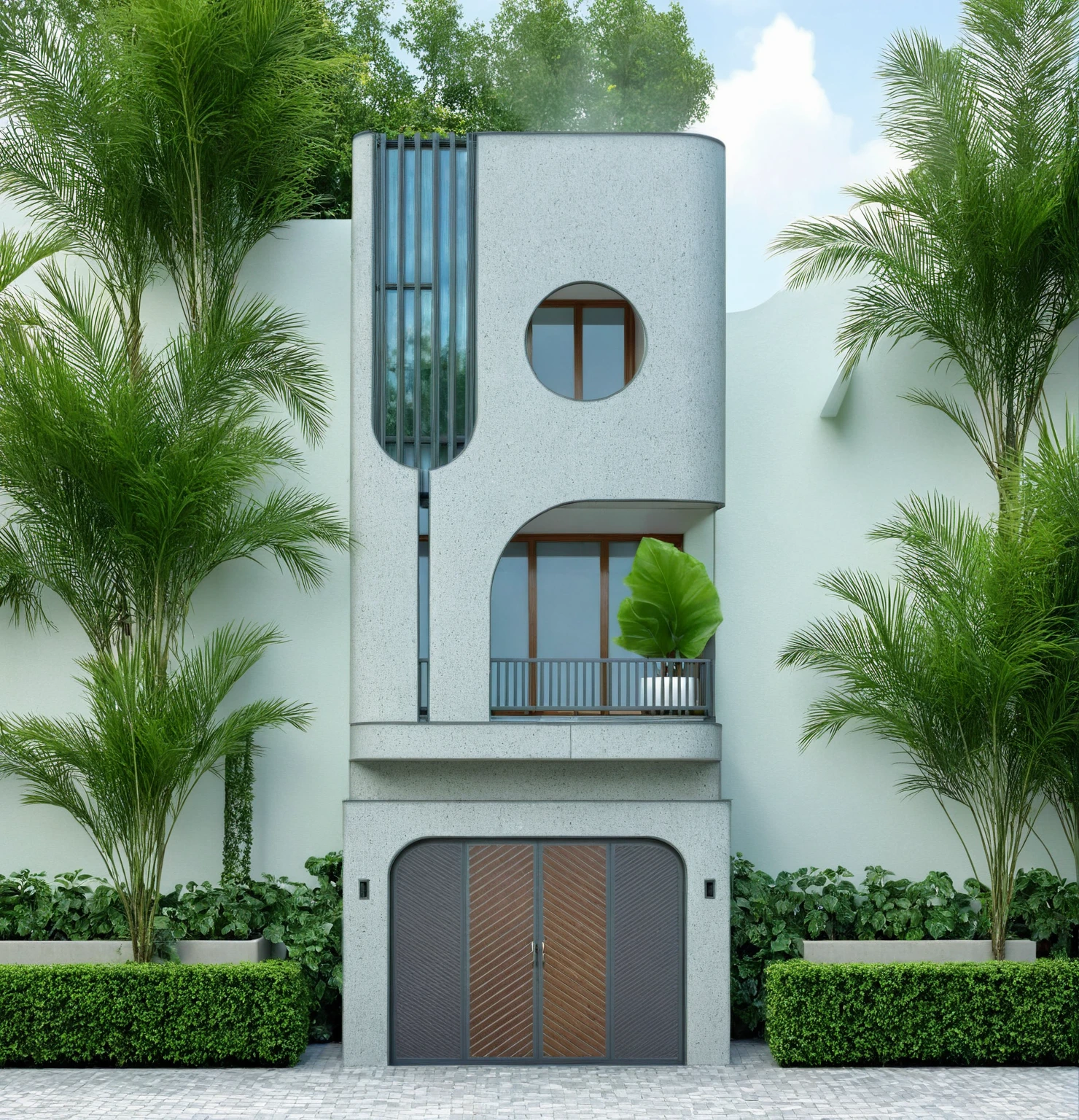 modern villa on the street, (daylight), curved walls, tropical plants, green shrubs, vivid colors, streetscape, minimalist design, light gray tones, (large glass doors :1.2), warm interior lighting, modern materials, best quality, extremely realistic, masterpiece,
