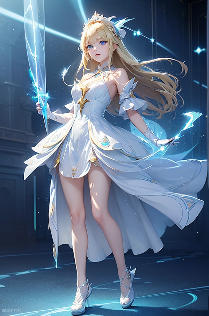(masterpiece:1.2), best quality, (illustration:1.2), (Ultra Detailed), Super Detail, (Delicate and meticulous), (Intricate details), ((Witch Hat)),(light, best quality Backlights), Deleting a row, soloist, Perfect body, (1 girl), one (((Adult Girls))) standing, Wearing her (((Glass shoes))), 发射one (((Bioluminescence))) 投射one (((Dynamic lightning pattern))), Accompanied (((Sparkling spots))), exist (((White Dress))), and (((Flashing beams))), Reflecting her (((Blonde side bangs))), and (((sharp, Reflective blue eyes)))., (cosmetic), High contrast, (Better lighting, one极其创造and美丽的), (light), Gorgeous,electrical arcs,Magic Circle,Magic Wand