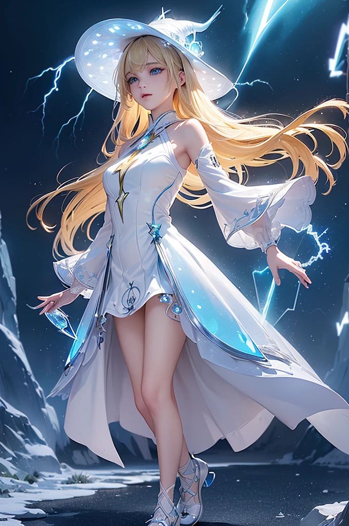 (masterpiece:1.2), best quality, (illustration:1.2), (Ultra Detailed), Super Detail, (Delicate and meticulous), (Intricate details), ((Witch Hat)),(light, best quality Backlights), Deleting a row, soloist, Perfect body, (1 girl), one (((Adult Girls))) standing, Wearing her (((Glass shoes))), 发射one (((Bioluminescence))) 投射one (((Dynamic lightning pattern))), Accompanied (((Sparkling spots))), exist (((White Dress))), and (((Flashing beams))), Reflecting her (((Blonde side bangs))), and (((sharp, Reflective blue eyes)))., (cosmetic), High contrast, (Better lighting, one极其创造and美丽的), (light), Gorgeous,electrical arcs,Magic Circle,Magic Wand