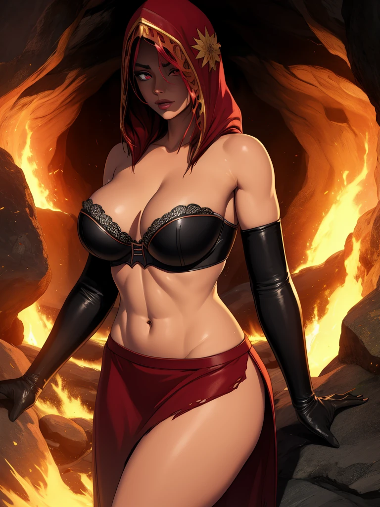 Dsorceress, redhair, shadowy face,dark cave, fire, hood, shadowed face, strapless bra, slim and athletic body, miniskirt, no panty, elbow gloves, dark skin, 1 girl (insanely detailed, masterpiece, best quality)