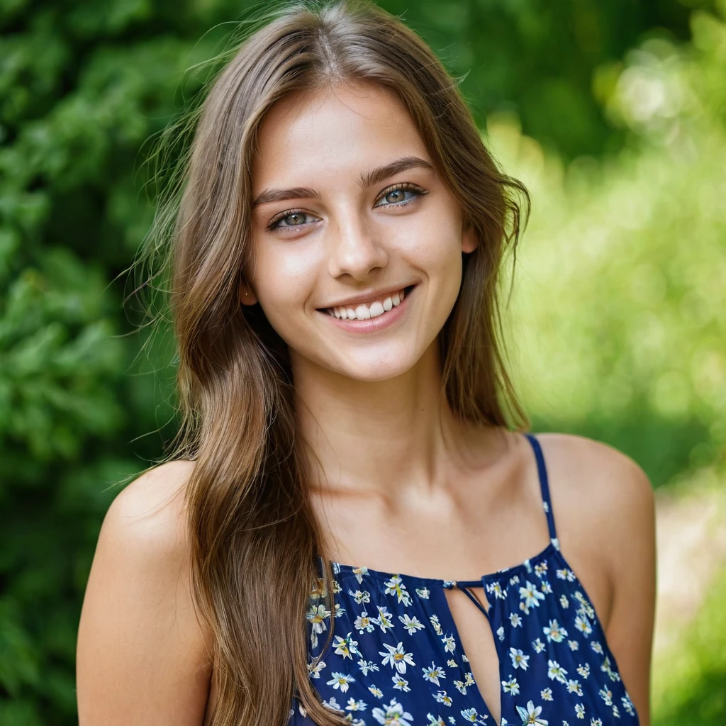 Beautiful woman from germany, realistic eyes, realistic face, slim face, long brown hair, 20 years old, model, smiling, special camera angle, sexy summer dresd, summer day