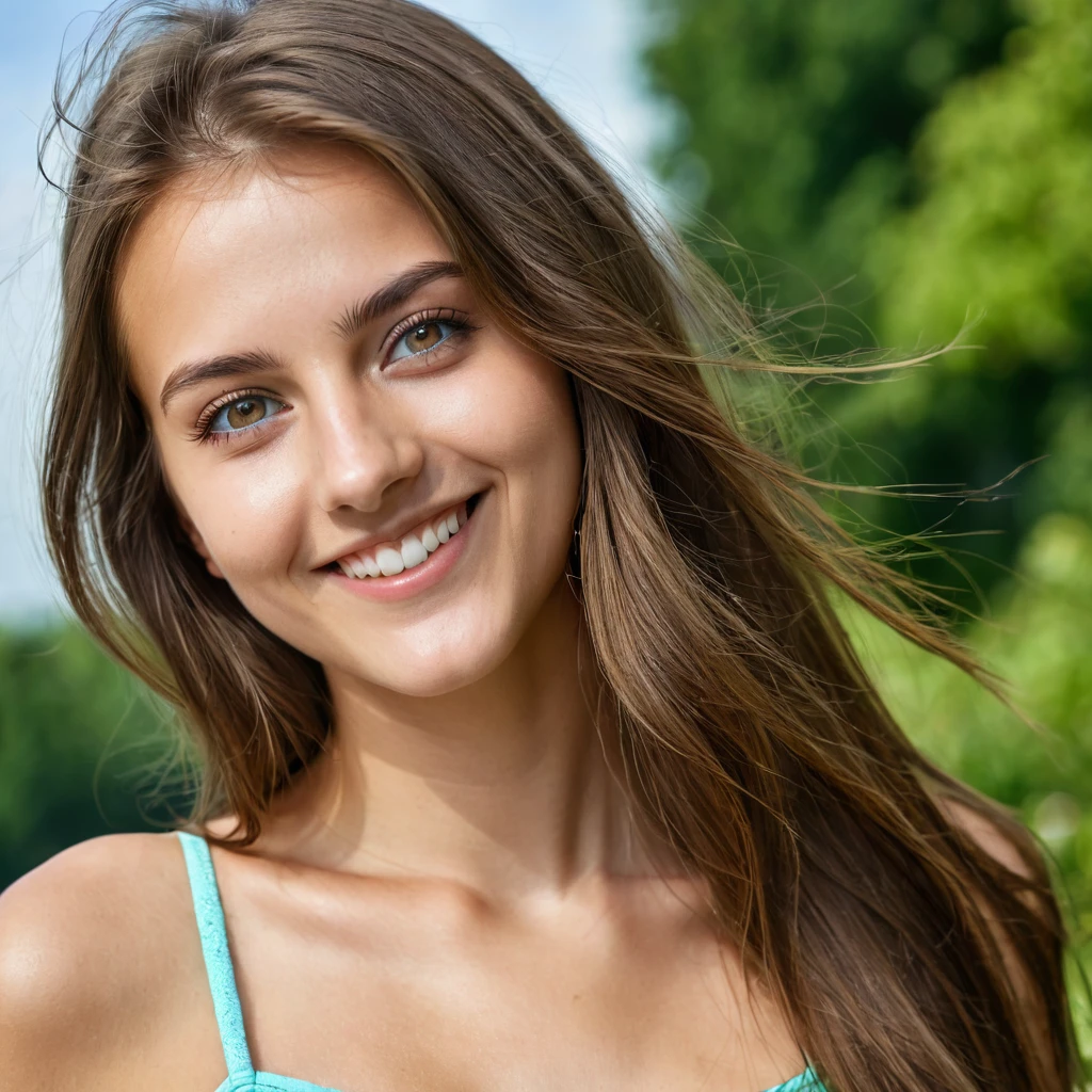 Beautiful woman from germany, realistic eyes, realistic face, slim face, long brown hair, 20 years old, model, smiling, special camera angle, sexy summer dresd, summer day