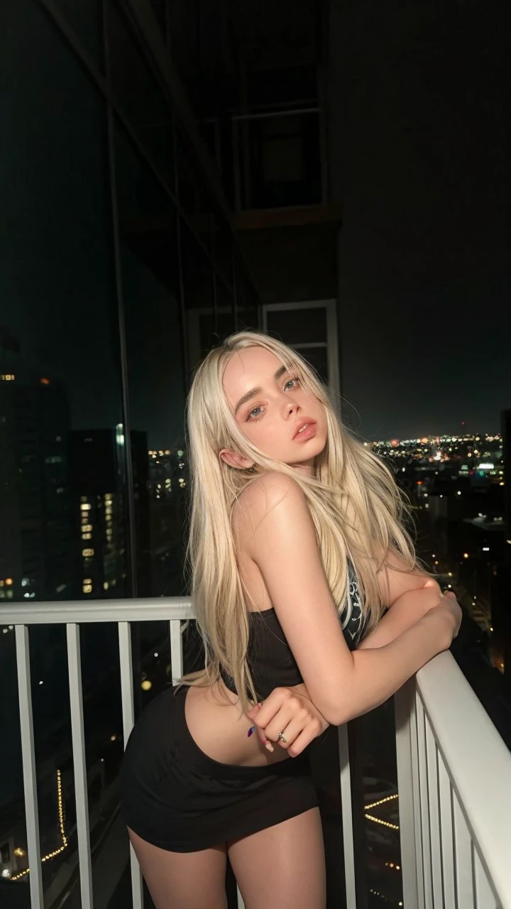 Masterpiece, ultra quality, max detail, young tomboy white girl, pale skin, translucent skin, plump stomach, seductive, sexy, Billie Eilish face, model pose, Billie Eilish