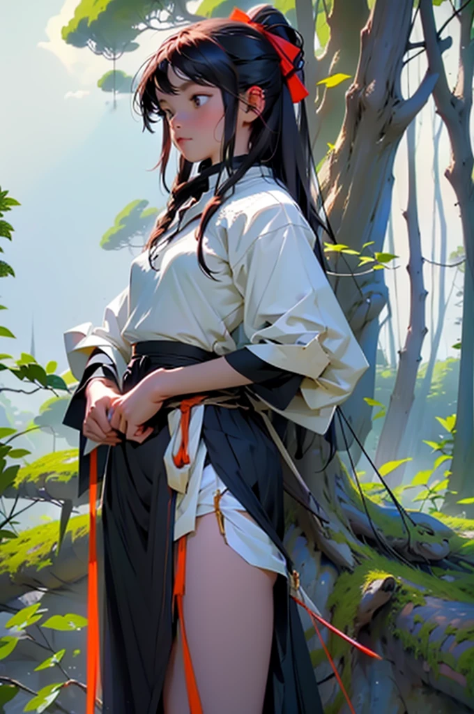 girl in the forest by the lake, complex background, holds a bow and arrow in his hands