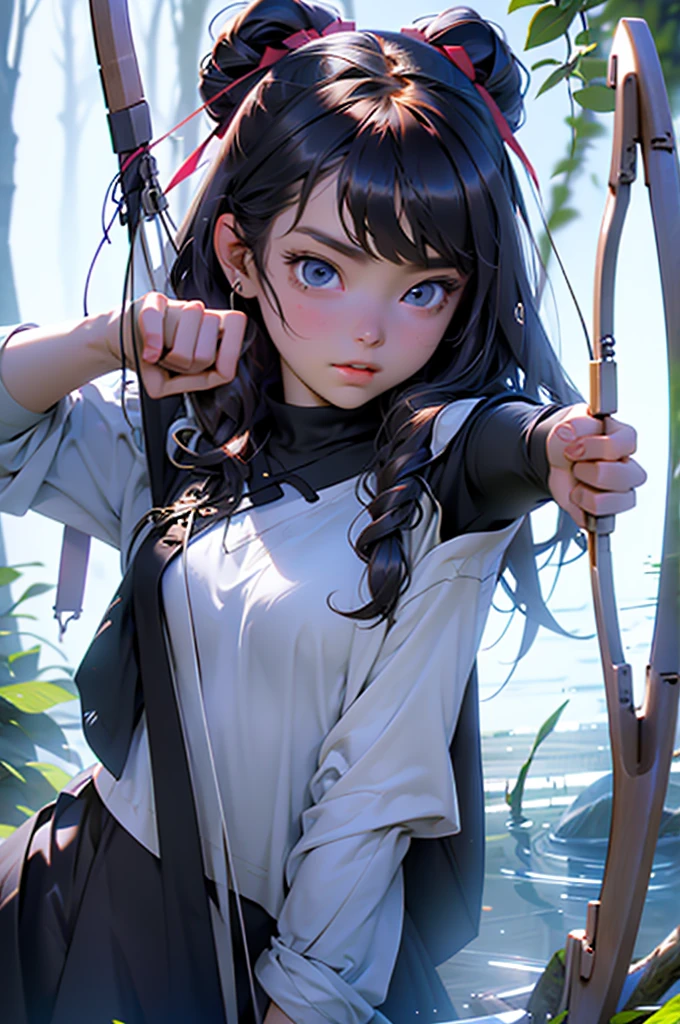girl in the forest by the lake, complex background, holds a bow and arrow in his hands