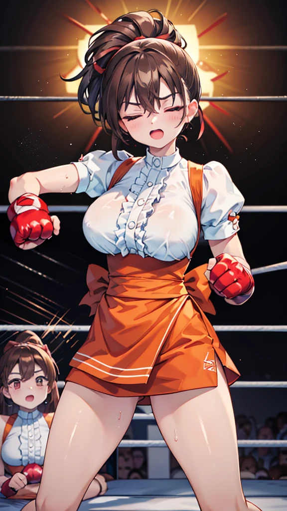 Highest quality，masterpiece，(WWE Divas，Wrestling Arena，Wrestling ring background, Boxing ring background),  Lack of stamina, Ryona, Hitting a girl, death is near，タケユカ 超ロングヘア ヘアribbon, Frilled shirt, Underbust, ribbon, Fingerless gloves, White gloves, Waist apron, Orange Skirt, socks, Toeless legwear， (Moaning , Open your mouth), ((, boxing action，Two women boxing in the ring，The woman on the right hits the woman on the left in the cheek.，The woman on the left has her right eye closed, opening her mouth, and sweat.)), , ( Tilt your head),