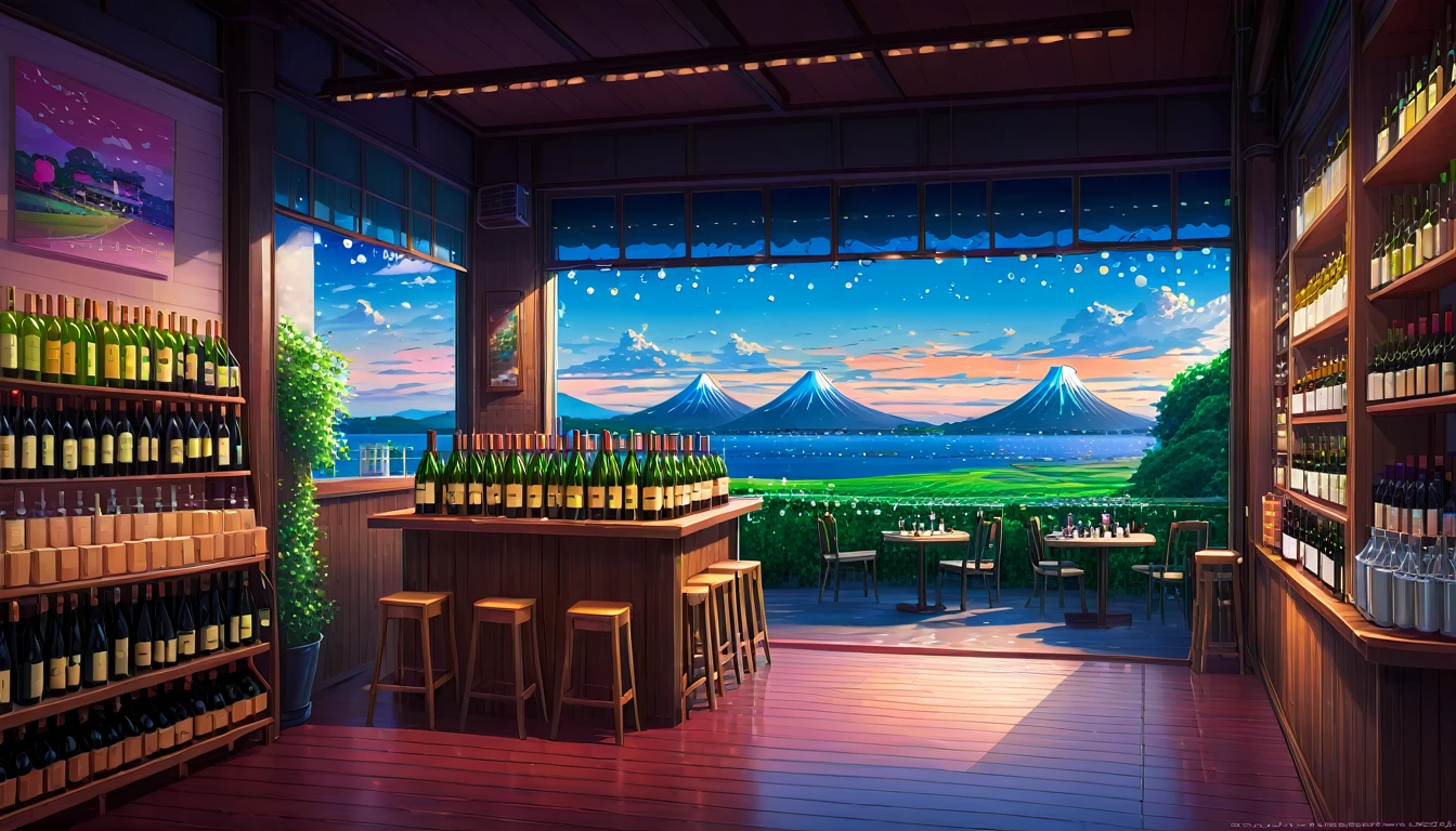 night scene of a small shop with many bottles of wine, anime background art, cozy cafe background, style of makoto shinkai, anime background, in style of makoto shinkai, colorful anime film background, cute anime dinner, studio lightly makoto shinkai, anime scenery concept art, beautiful anime scenery, anime film background, anime scenery