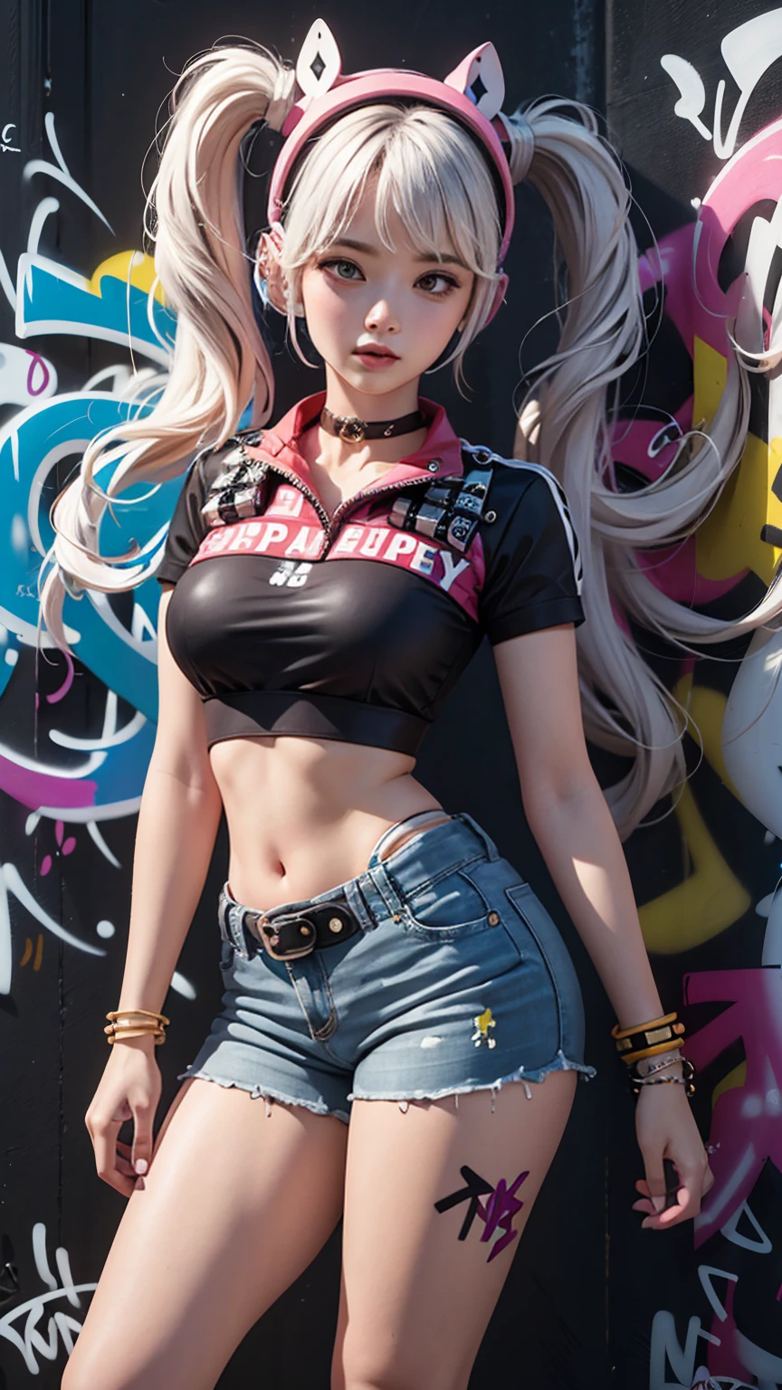 Masterpiece, Best Quality, 1girls, bara, crop top, shorts cskirt, jeans, choker, (graffiti: 1.5), color splash, hand behind back, against the wall, looking at the audience, bracelet, hip  belt, body paint................................, head tilt, boredom, multi-colored hair, watery eyes,  headset,