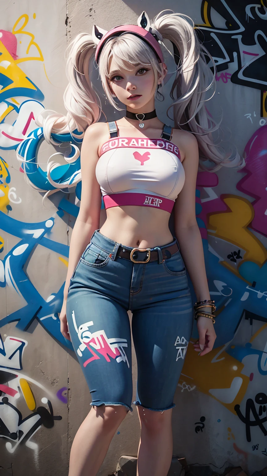 Masterpiece, Best Quality, 1girls, bara, crop top, shorts cskirt, jeans, choker, (graffiti: 1.5), color splash, hand behind back, against the wall, looking at the audience, bracelet, hip  belt, body paint................................, head tilt, boredom, multi-colored hair, watery eyes,  headset,