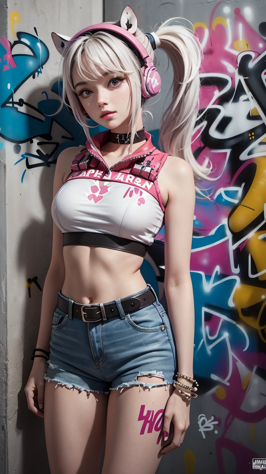 Masterpiece, Best Quality, 1girls, bara, crop top, shorts cskirt, jeans, choker, (graffiti: 1.5), color splash, hand behind back, against the wall, looking at the audience, bracelet, hip  belt, body paint................................, head tilt, boredom, multi-colored hair, watery eyes,  headset,