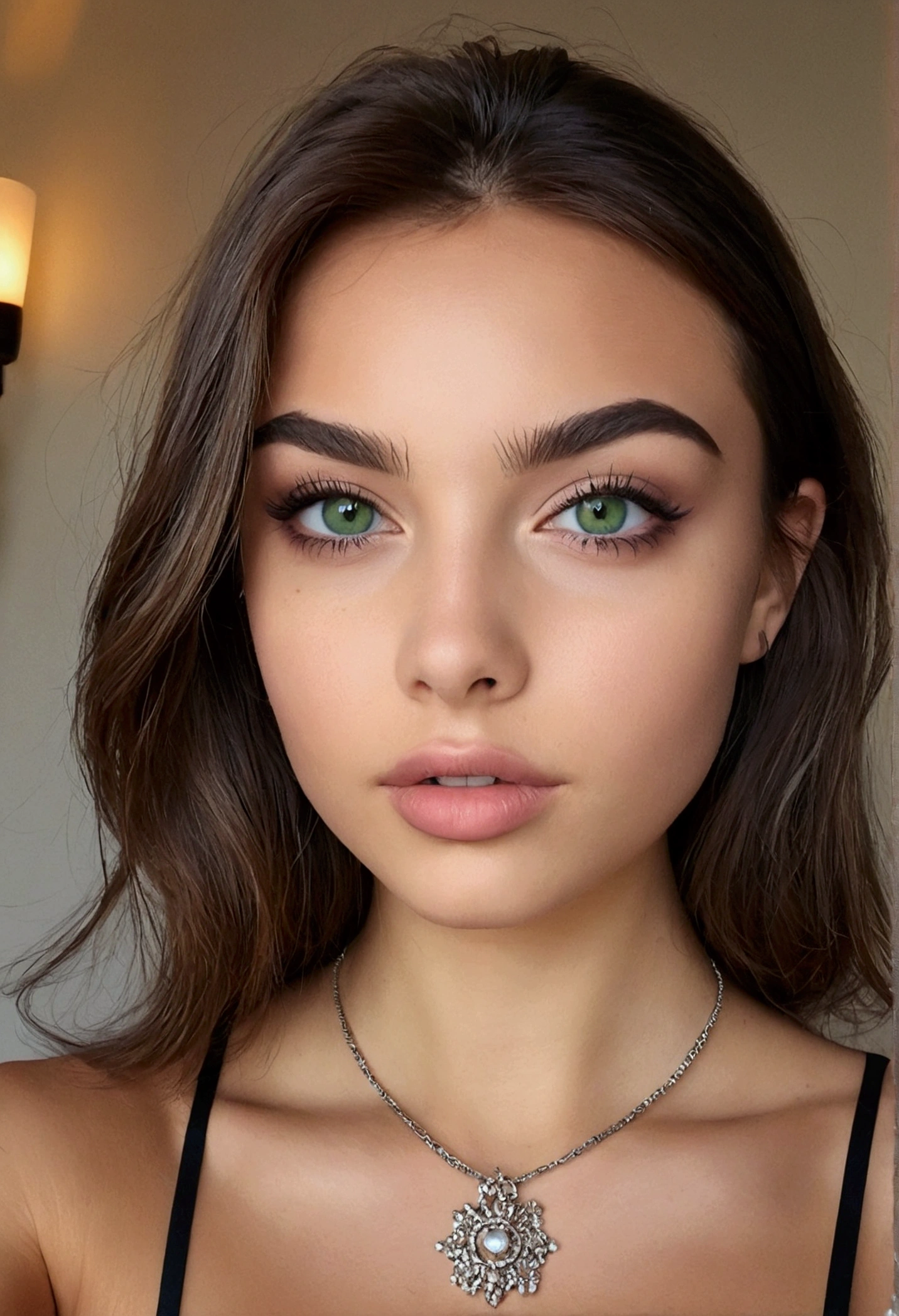 Arafed Femme portant un débardeur blanc court et un collier, Fille sexy aux yeux verts, peau bronzée, Portrait Sophie Mudd, cheveux bruns et grands yeux, selfie d&#39;une jeune femme, yeux de la chambre, Violette Myers, sans maquillage, Maquillage naturel, regardant directement la caméra, Cara avec Artgram, maquillage subtil, Impresionante foto de corps entier, yeux verts perçants, bel angle, pose attrayante, Mignon , pose sexy, Image du corps entier, corps entier, séance photo sur tout le corps, déesse brune, Détail élevé, Pose satisfaite, pantalon en cuir, hispanic photo nue sein qui deborde