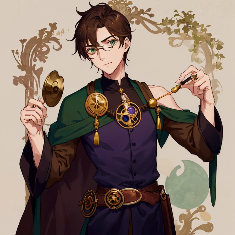 a guy with his left shoulder turned to the camera, brown hair, green eyes, a monocle on his left eye, a dark blue robe, one sleeve rolled up to the elbow, a gray shirt under the mantle, a brown belt belt, a gold die, a monocle, in his right hand a small phial with a purple liquid