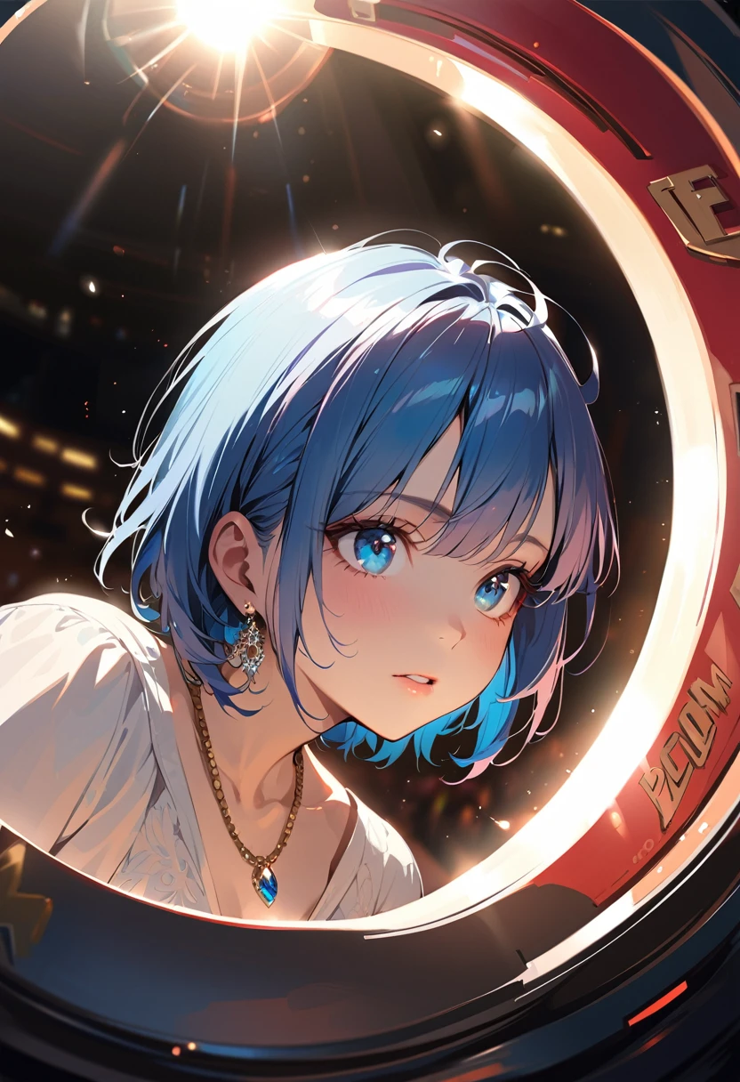 masterpiece, Highest quality, (((Playing the Electone)))、Raise awareness, Sax Blue, プラチナEarrings, Platinum Necklace, White Dress, One Girl, cute, (Dynamic Lighting:1.2), Cinema Lighting, Delicate facial features, Detailed eyes, Sharp pupils, Realistic student, Written boundary depth, ボケ Written boundary depth, Sharp focus, (Very detailed, bloom, Shine:1.4), Lots of little gems, (((short_hair))), Toru Asakura、黒hairs、Earrings、gradation hair、multi color hair、分けた前hair、blue hair、Upper Body、Ultra close-up footage、