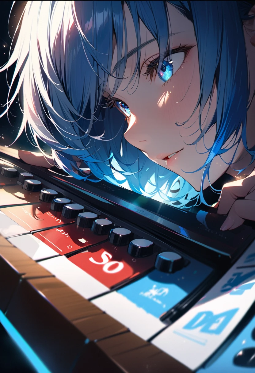 masterpiece, Highest quality, (((Playing the Electone)))、Raise awareness, Sax Blue, プラチナEarrings, Platinum Necklace, White Dress, One Girl, cute, (Dynamic Lighting:1.2), Cinema Lighting, Delicate facial features, Detailed eyes, Sharp pupils, Realistic student, Written boundary depth, ボケ Written boundary depth, Sharp focus, (Very detailed, bloom, Shine:1.4), Lots of little gems, (((short_hair))), Toru Asakura、黒hairs、Earrings、gradation hair、multi color hair、分けた前hair、blue hair、Upper Body、Ultra close-up footage、