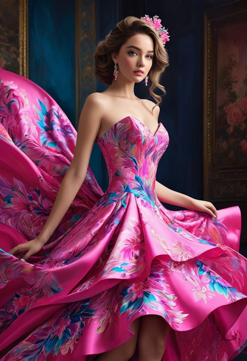 Create a super accurate portrayal of an absolutely stunning and captivating young woman dressed in a vibrant and lifelike dress that is incredibly appealing, pink with a striking impact in detailed imagery; it must be astonishingly realistic and impressive.