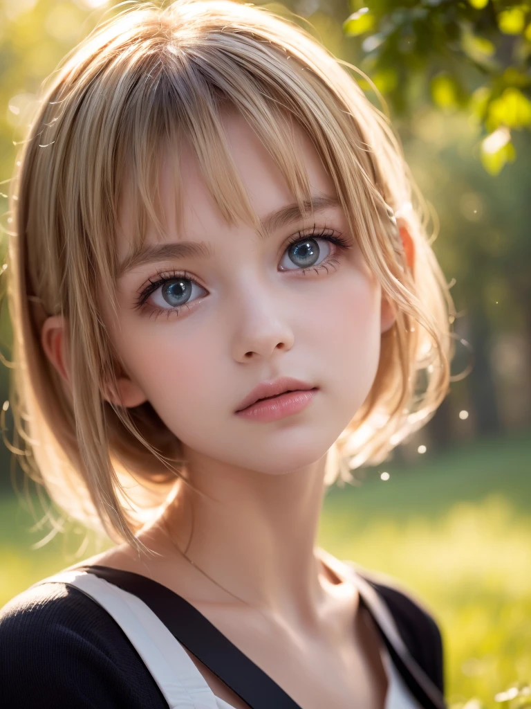One Girl,(1人のとてもcute女の子:1.3),masterpiece,Highest quality,High resolution,From below,Low - Angle,Photorealistic,RAW Photos,Ray Tracing,Physically Based Rendering,beautiful girl,(:1.3),cute,Big Blue Eyes,(detailed pupils:1.2),(The face is facing straight ahead:1.3),Body facing forward,Beautiful nose,Upturned nose,Fuller lips,Platinum Blonde Hair,Detailed eyelashes,Thin eyebrows,Very fine grain definition,(Symmetrical eyes,Golden Ratio:1.3),(Face close-up,Face Focus:1.0),Small breasts,Short neck,Light blue dress,White apron,forest,Alice in Wonderland,Spring sunlight,Soft Light,Portrait,View Viewer,Upper Body,Cinema Lighting,High resolution,Very detailed