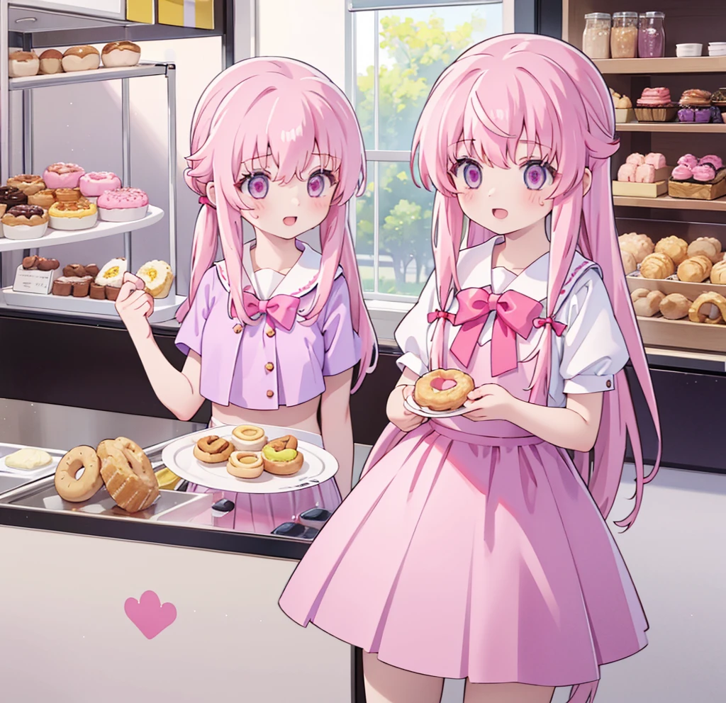 1girl,pink hair, pink eyes with love, detailed eyes, straight hair, straight bangs, shiny hair,
,red bowtie,purple skirt,purple shirt,pleated skirt,short sleeves,looking at the plate with donut, showing donuts, holding a plate wih donut, smile, laughter , open mouth, donut shop background, high-definition,masterpiece, masterpiece, best quality, high resolution, aabeta, double, standing, slim waist, cute, sailor uniform (PastelColors: 1.3)