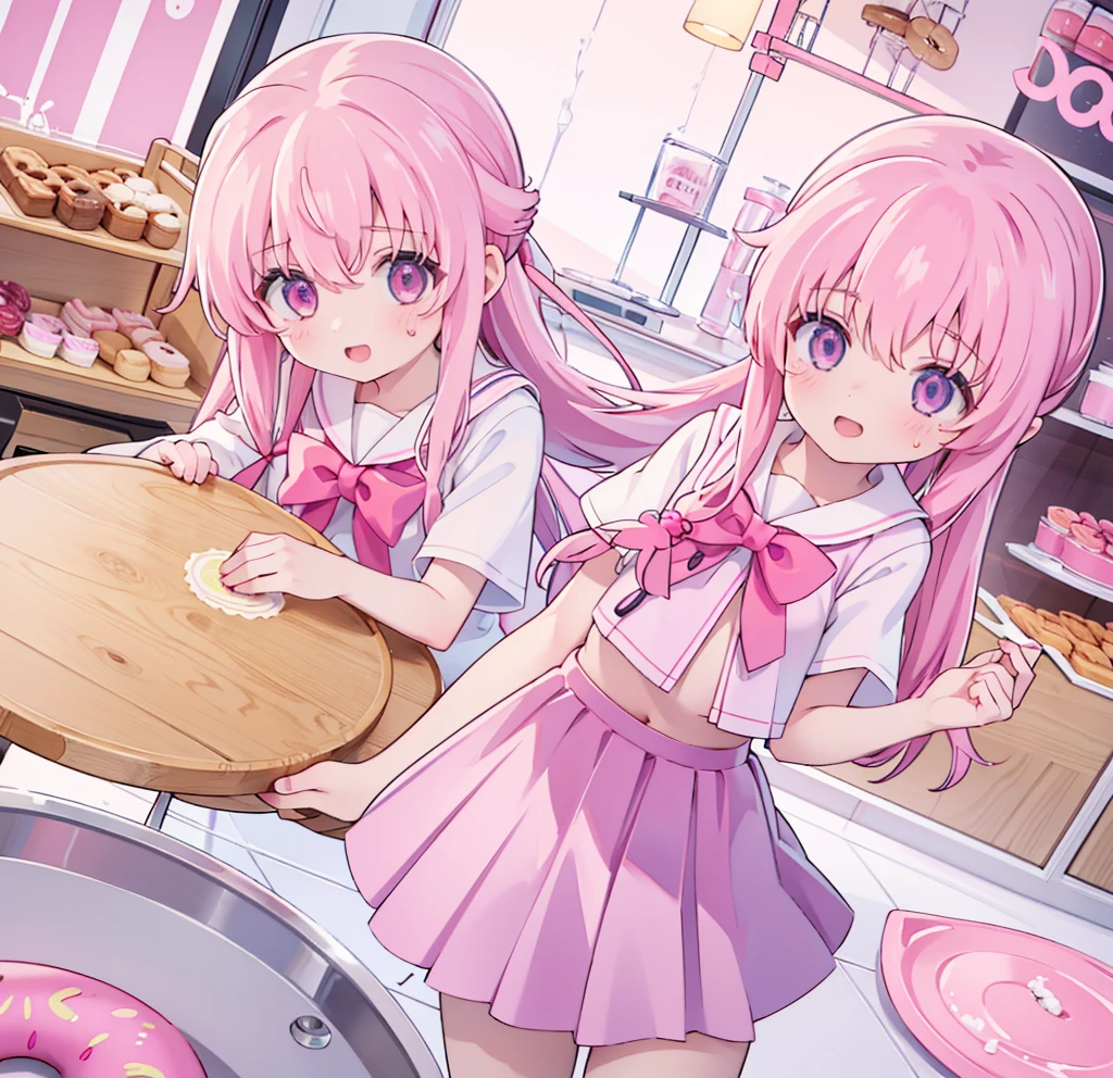 1girl,pink hair, pink eyes with love, detailed eyes, straight hair, straight bangs, shiny hair,
,red bowtie,purple skirt,purple shirt,pleated skirt,short sleeves,looking at the plate with donut, showing donuts, holding a plate wih donut, smile, laughter , open mouth, donut shop background, high-definition,masterpiece, masterpiece, best quality, high resolution, aabeta, double, standing, slim waist, cute, sailor uniform (PastelColors: 1.3)